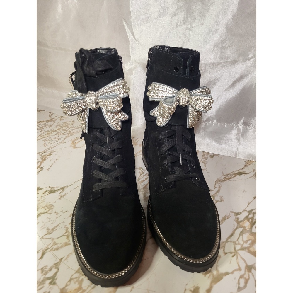 Kurt Geiger London Crystal Bow Suede Combat Boots 39 8.5 US Eagle No Box